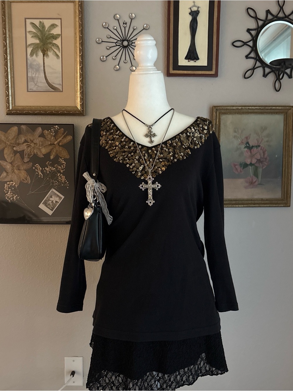 Coldwater Creek Black Long-Sleeve Top with Gold Sequin V-Neckline